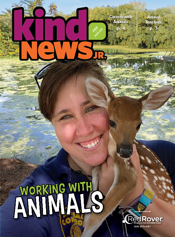 Kind News, Jr. March/April 2022 Cover: white woman with short hair holding a baby deer