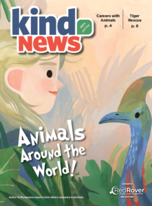 Cover of January/February issue of Kind News magazine. Cover features illustration of woman with blonde hair (named Sy Montgomery) meeting an Australian bird called a cassowary.