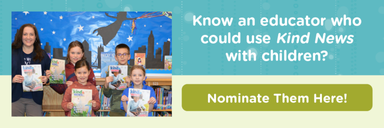 Image of teacher with Kids holding Kind News Magazine